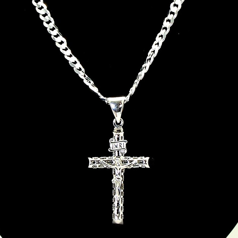 925 Sterling Silver Curb Chain w Crucifix Pendant, 20", 4.5 mm | Christian Cross